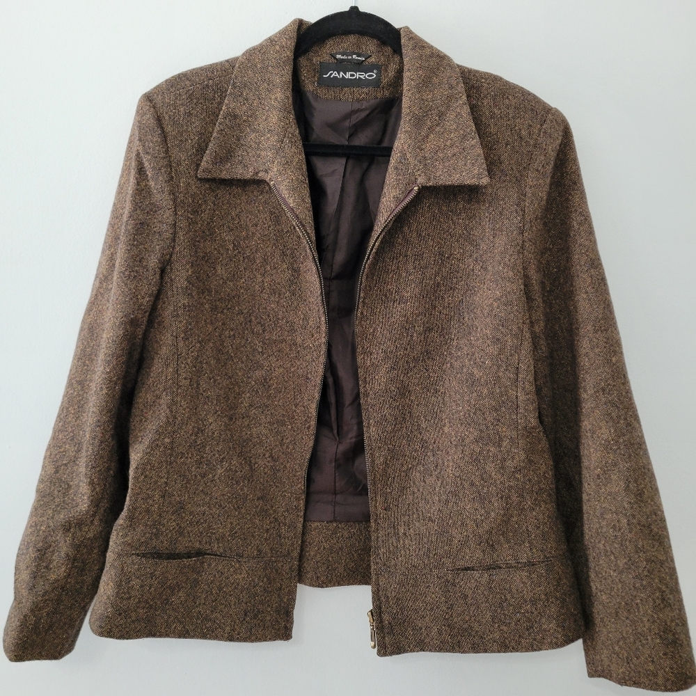 Sandro Women's Brown Tweed Wool Blazer Jacket Size 16 Minimal Classic Vintage - Picture 8 of 14